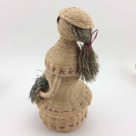 Handmade Woven Basket Woman Lady with Long Hair Figure Dress Folk Art 9" - Picture 6 of 16